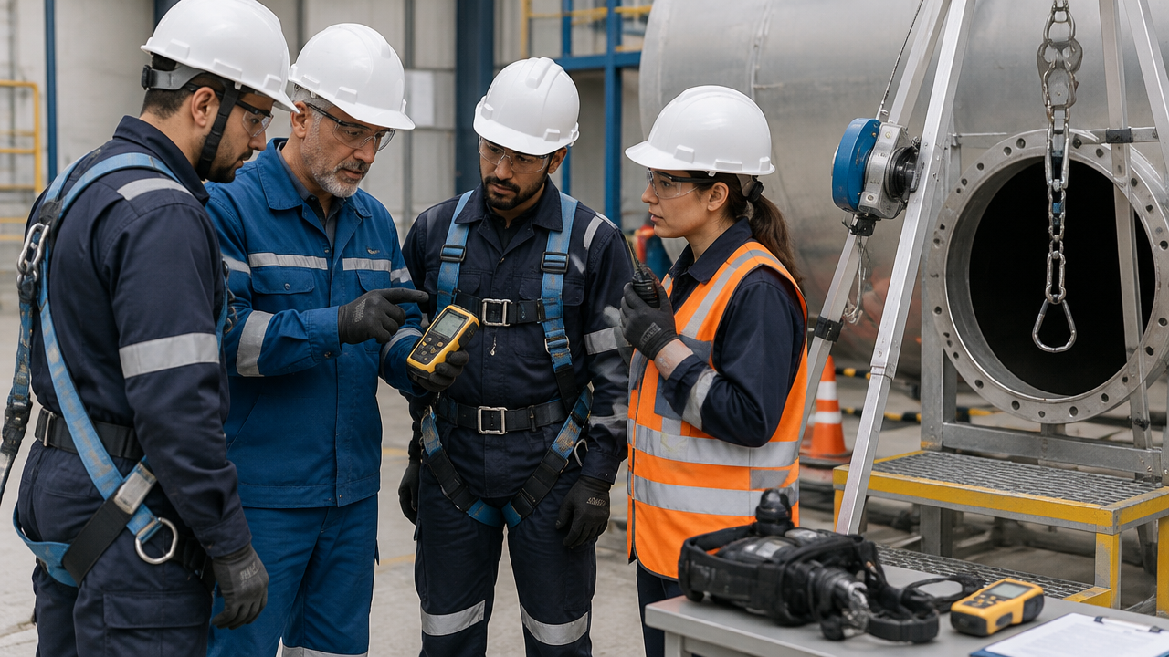Instrutor conduz treinamento presencial e exercício prático de segurança para equipe de espaço confinado