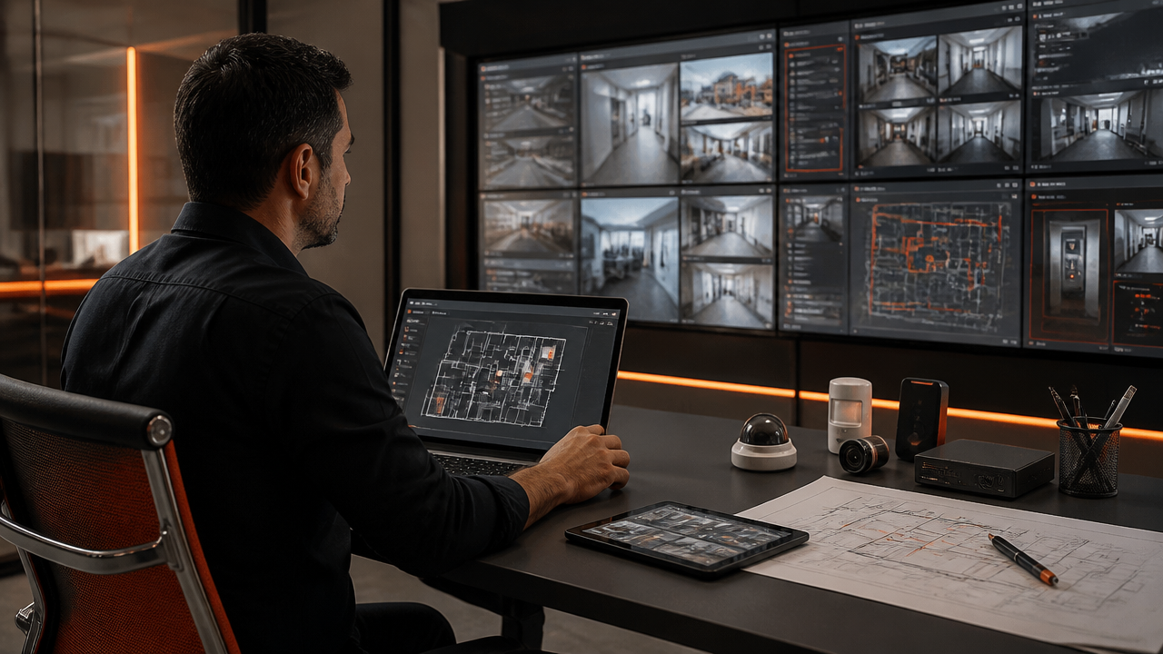 Integrador analisando um projeto de segurança eletrônica com recursos de inteligência artificial em uma central de monitoramento