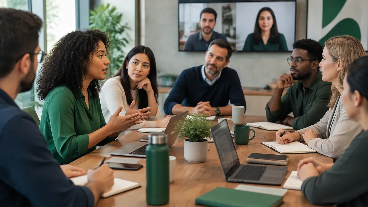 Integrante de uma equipe numerosa expressa uma opinião enquanto colegas e líder escutam com atenção.