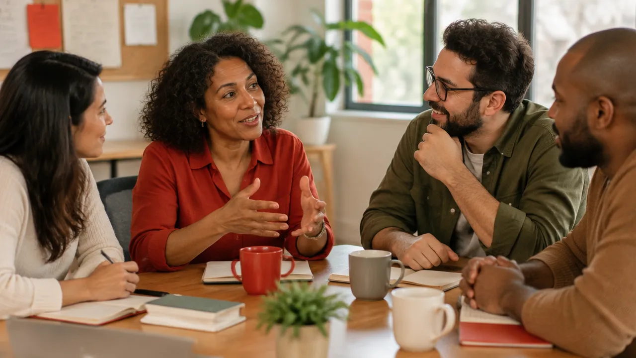 Integrante experiente acolhe uma nova pessoa durante reunião de equipe e compartilha o contexto do grupo.