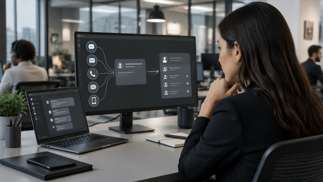 Interface de operação corporativa conectando canais digitais e encaminhamento contextual para uma equipe humana