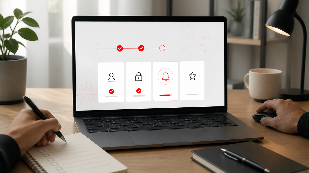 Interface genérica de aplicativo com checklist e barra de progresso durante o onboarding