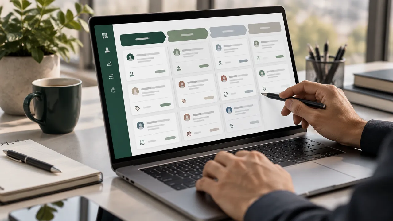 Interface genérica de CRM organizada por etapas, responsáveis e próximas ações comerciais