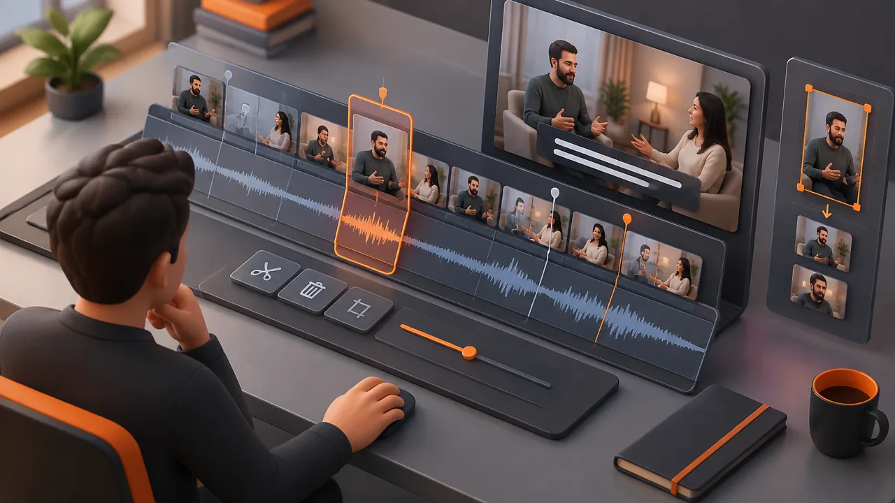 Isometric editing interface showing highlights, context review, and framing of a vertical cut