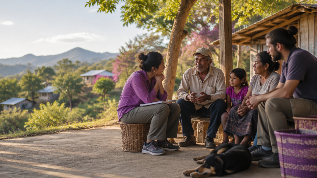 Intergenerational community members and a visiting researcher listen together during a respectful outdoor discussion