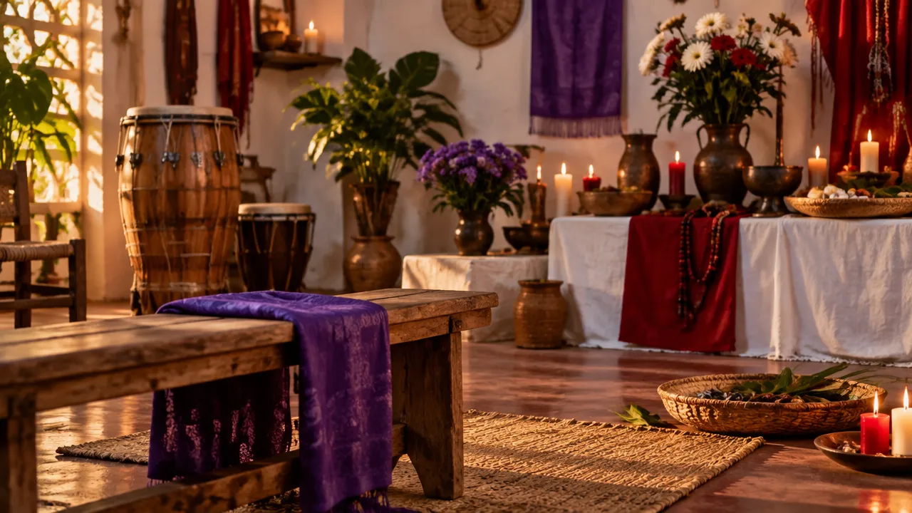 Interior acolhedor de um terreiro preparado para atividade religiosa, ilustrando a diversidade de práticas e fundamentos