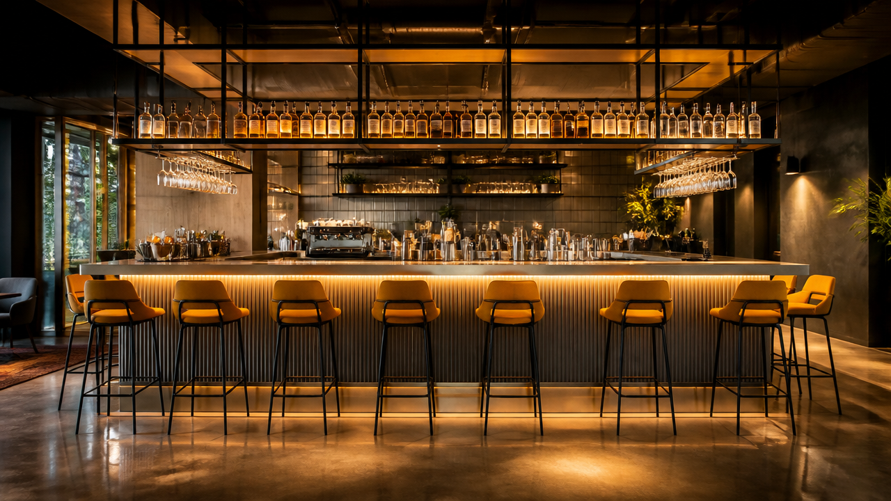 Interior de bar moderno preparado para a inauguração, com balcão organizado e iluminação aconchegante