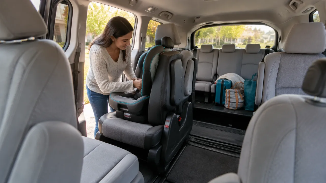 Interior de minivan com três fileiras, cadeira infantil e bagagens para demonstrar versatilidade