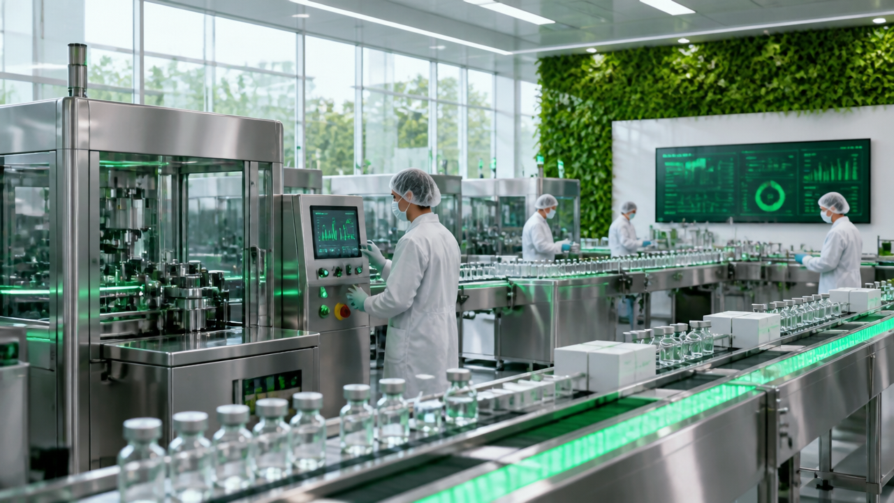 Interior de uma planta farmacêutica moderna com linha de produção limpa e foco em eficiência e sustentabilidade