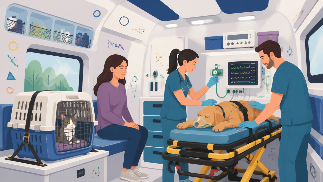 Interior ilustrado de ambulância veterinária com pet monitorado durante remoção segura