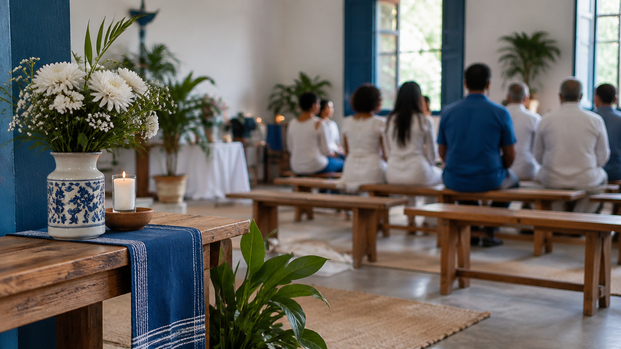 Interior tranquilo de um espaço comunitário de terreiro, com bancos e flores, representando de forma respeitosa uma gira de Umbanda.