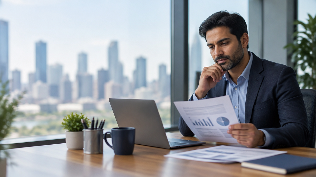 International professional reviewing a career plan by an office window with a U.S. city skyline