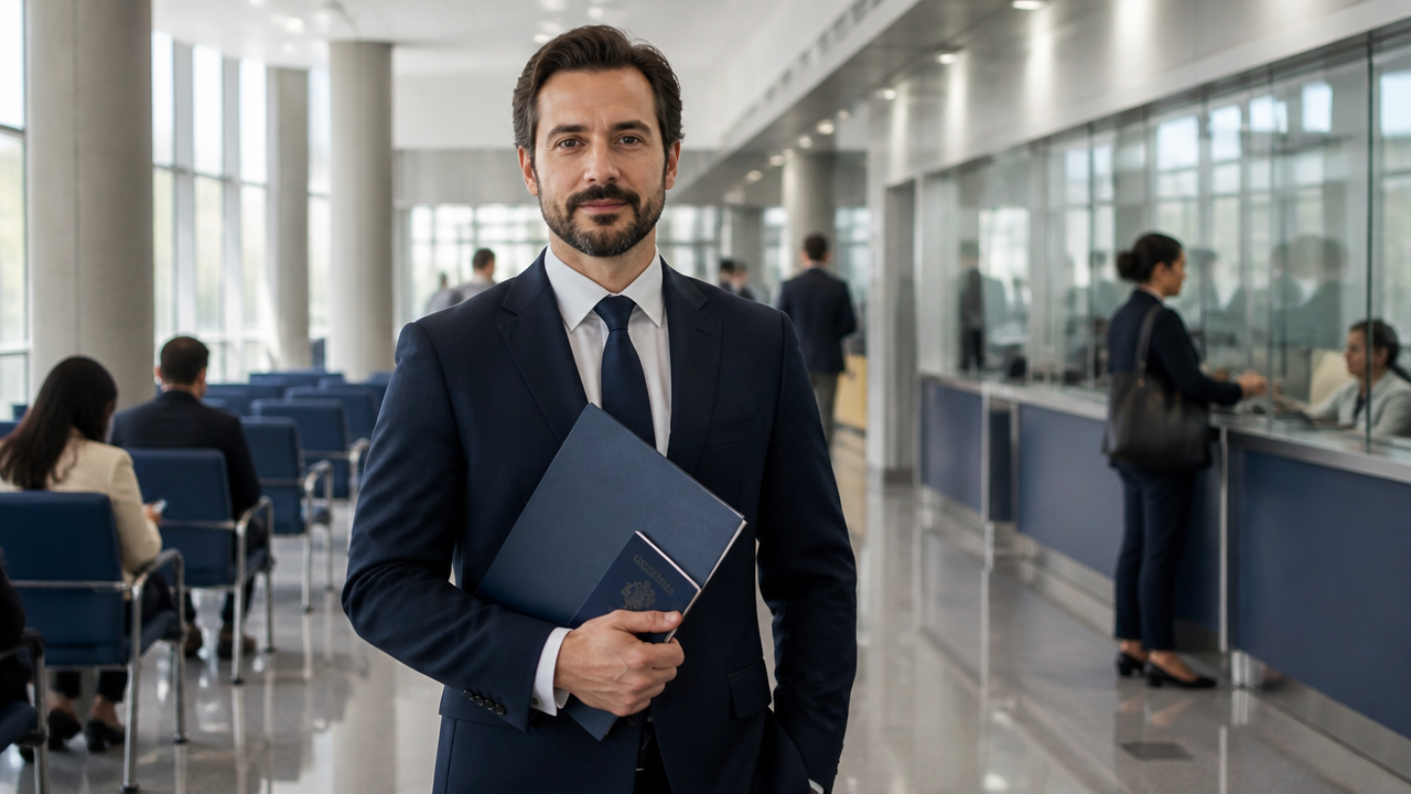 International professional waiting with passport and documents before an immigration interview