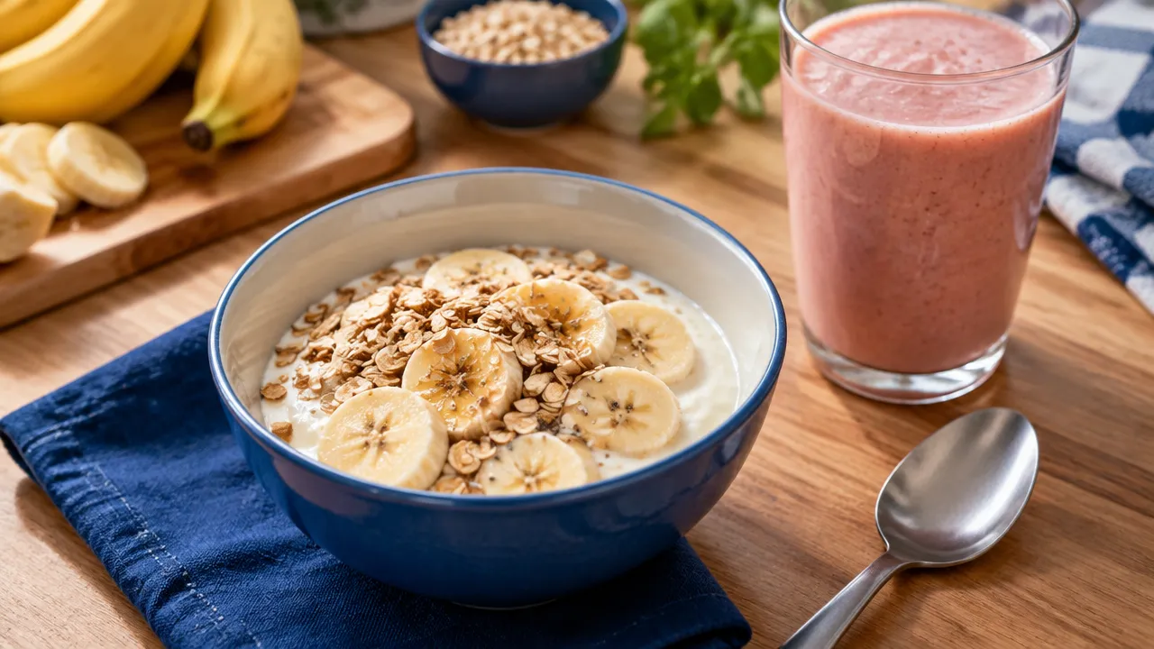 Iogurte com banana e aveia ao lado de uma vitamina de fruta