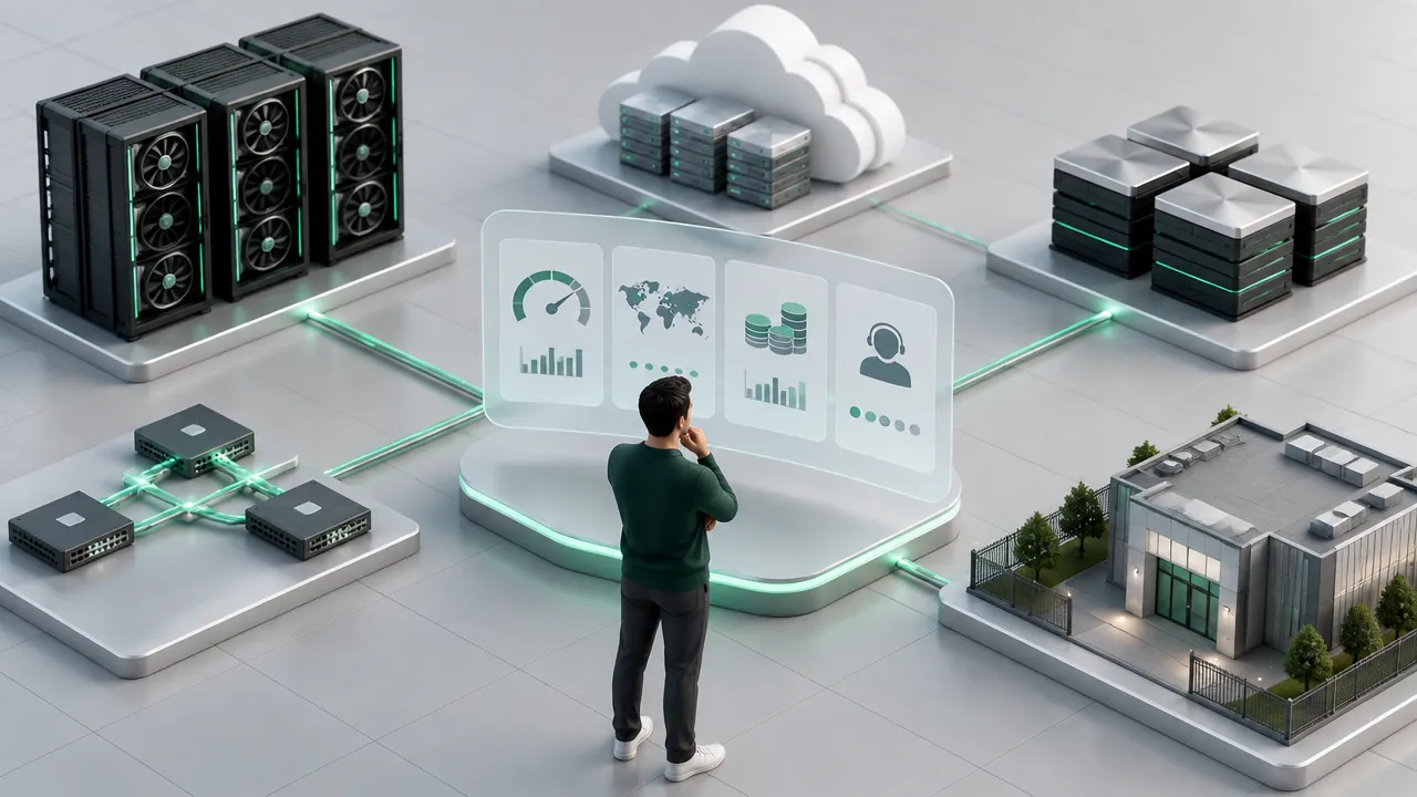 Isometric comparison of AI infrastructure options, GPU servers, cloud compute, storage, and network components.