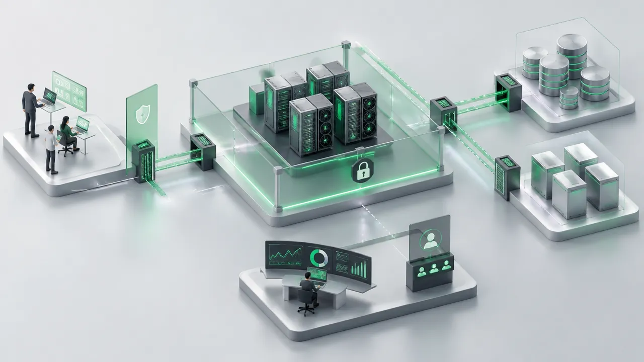 Isometric diagram of segmented AI infrastructure with GPU inference, protected data storage, controlled gateways, and monitoring.