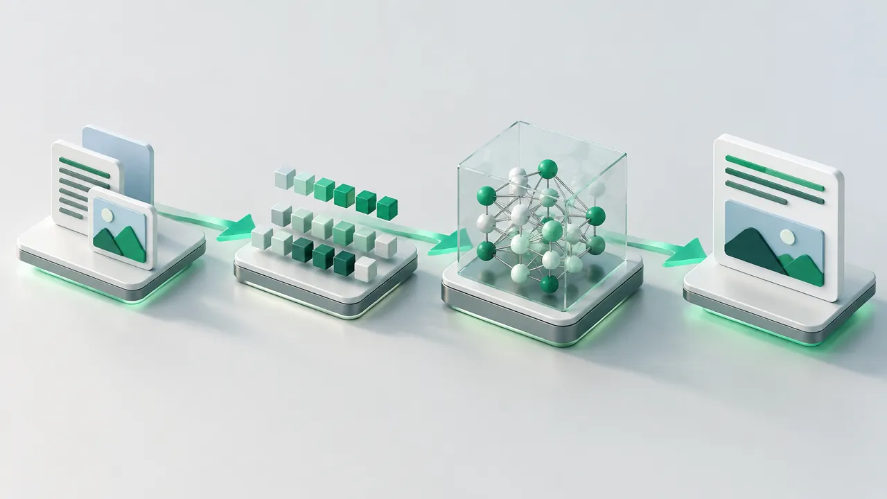 Isometric diagram showing an AI request moving from input through model computation to an output.