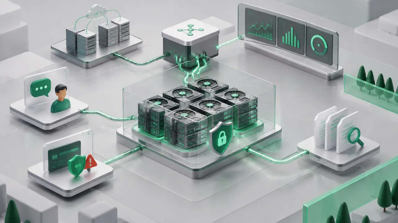 Isometric illustration of a secure inference platform coordinating chat, risk scoring, and batch AI workloads.