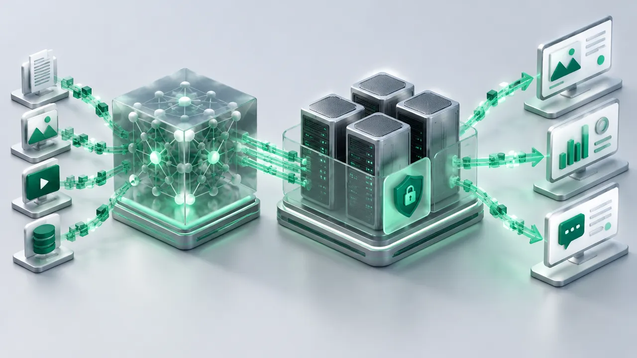 Isometric illustration of data entering an AI model and emerging as production outputs through a compute cluster.