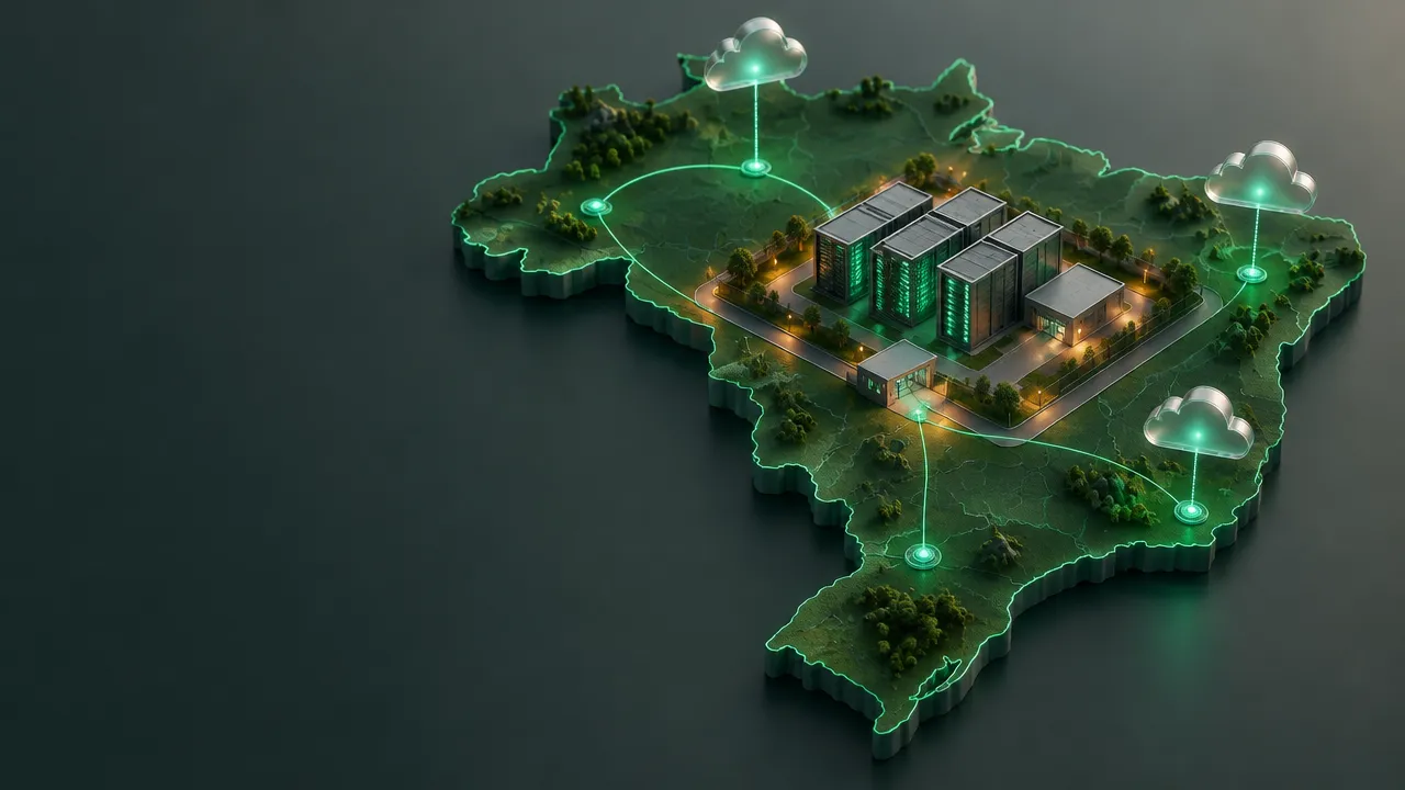Isometric illustration of GPU servers and cloud connections contained within Brazil for local AI workloads