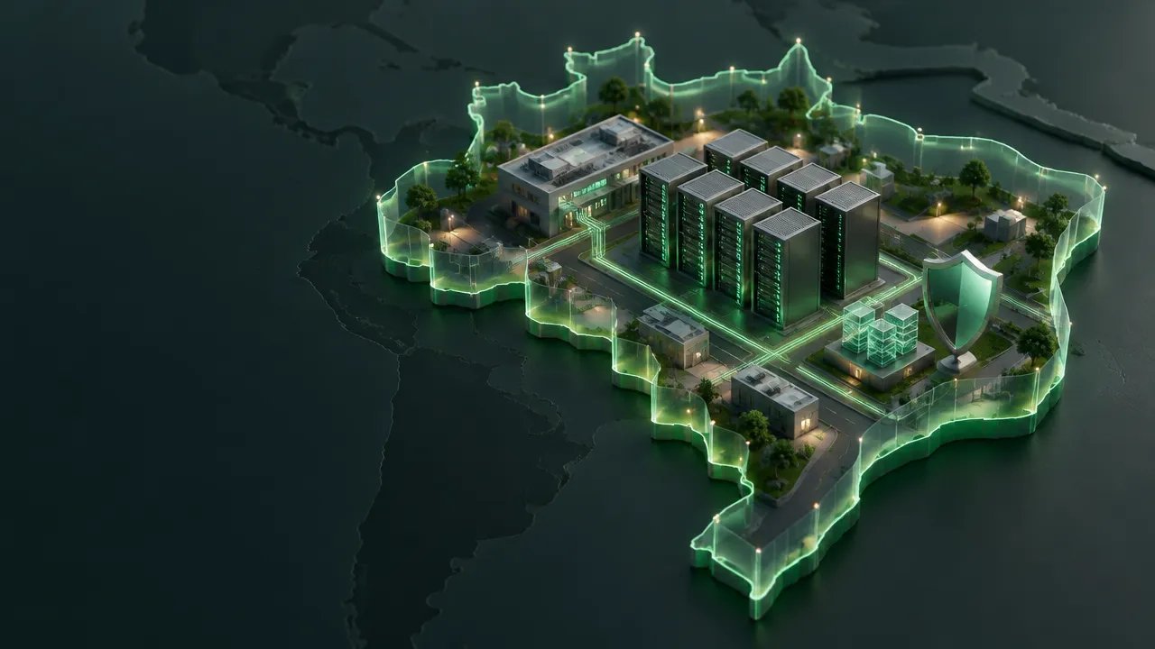Ilustração isométrica de infraestrutura segura de computação de IA e data center contida no Brasil