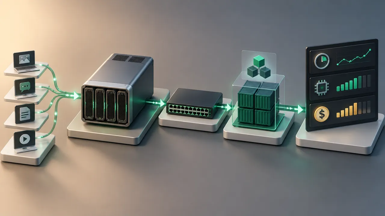 Isometric production workload test showing GPU compute, network routing, model serving, latency, utilization, and cost.