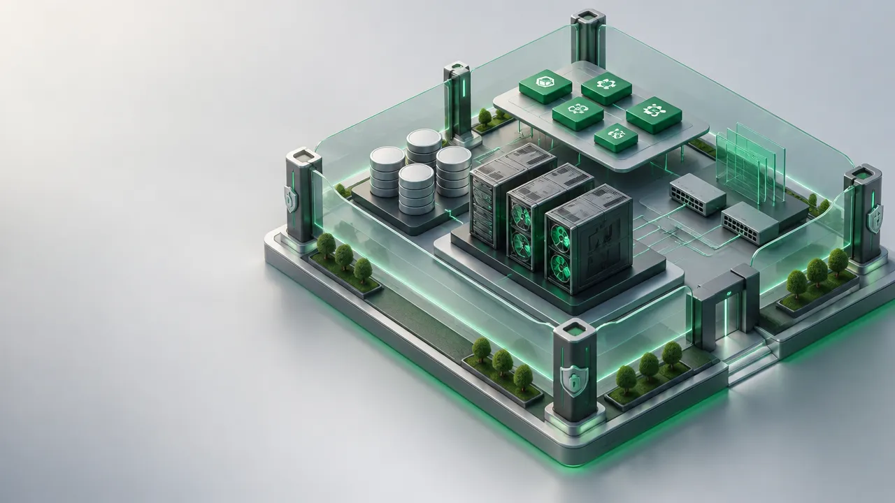 Isometric view of a secure layered AI infrastructure environment with GPU compute, storage, networking, and orchestration.