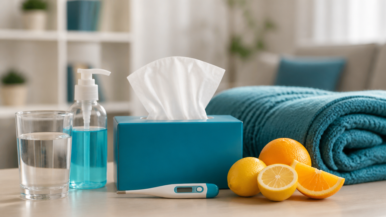 Itens de autocuidado e prevenção da gripe organizados sobre uma mesa em casa