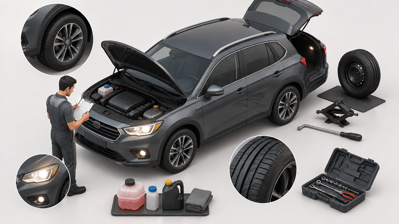 Pneus, estepe, ferramentas e iluminação entre os itens de conferência do carro antes da viagem, em estilo 3D isométrico