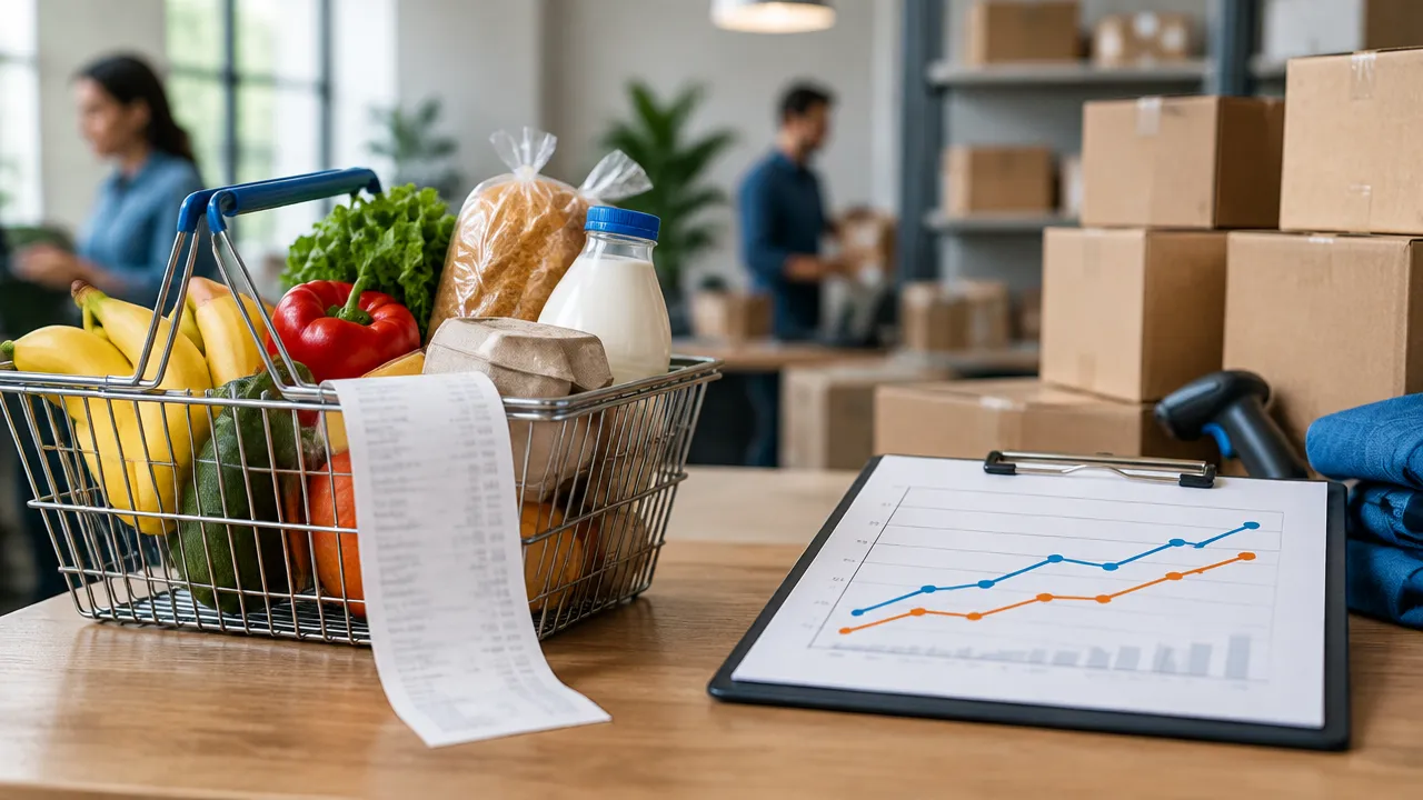 Itens de consumo e caixas de mercadorias ilustrando índices de preços ao consumidor e ao produtor