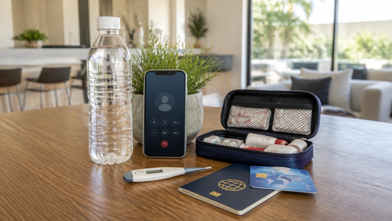 Itens essenciais para atendimento médico durante viagem, passaporte, celular, seguro e remédios sobre a mesa