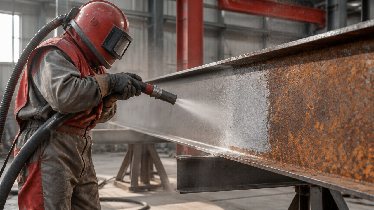 Jateamento abrasivo preparando uma superfície de aço para receber pintura industrial