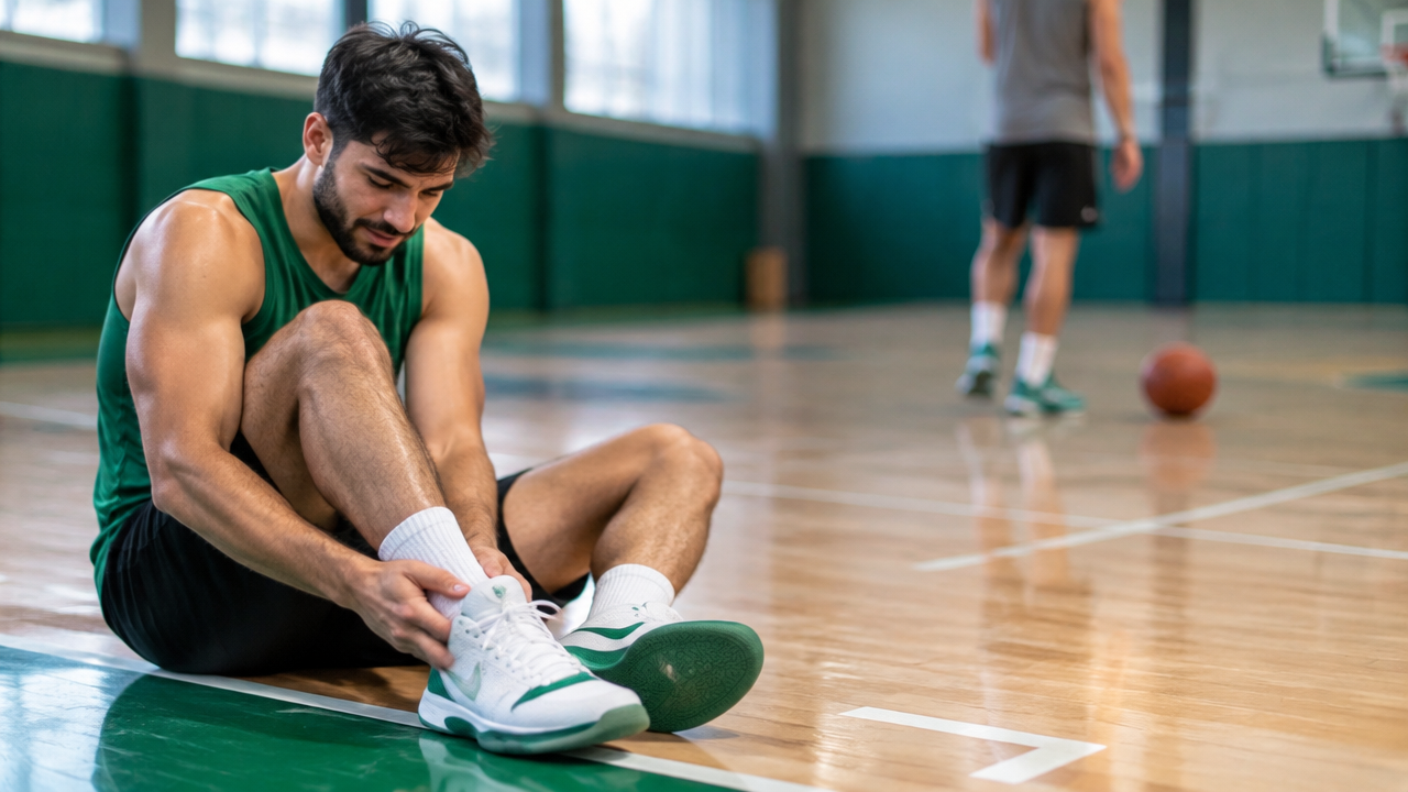 Jogador de basquete sentado na quadra segurando o tornozelo após uma aterrissagem