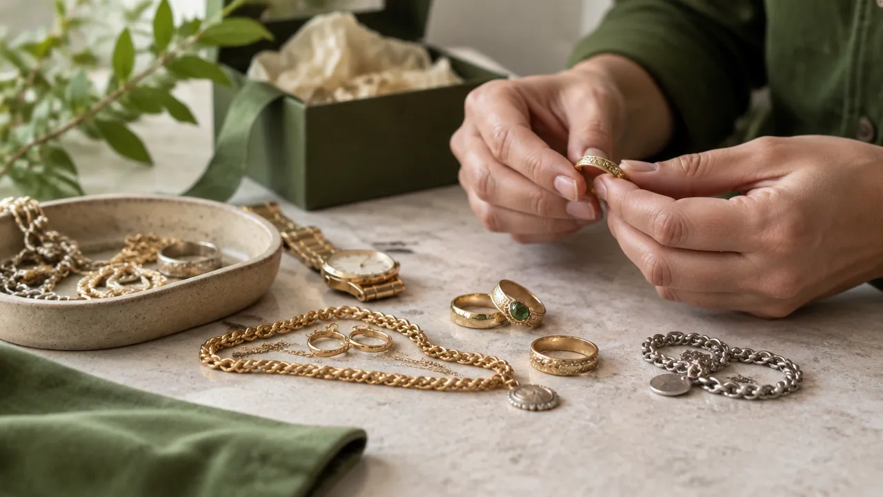 Joias usadas de ouro e prata organizadas para avaliação e possível reaproveitamento.