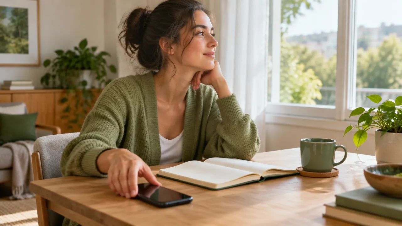 Jovem adulta coloca o celular de lado e volta a atenção ao caderno, como prática de limite digital consciente.