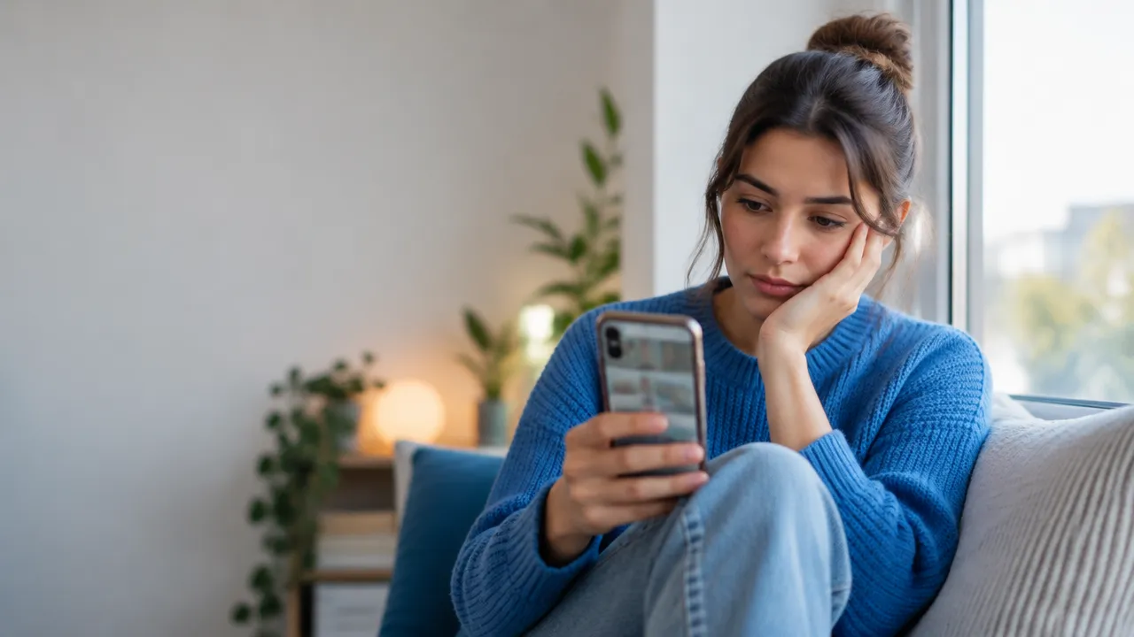 Jovem adulta observa o celular com expressão reflexiva, representando o impacto da comparação nas redes sociais sobre a autoestima