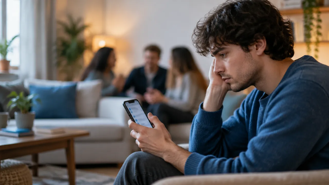 Jovem adulto observa o celular com expressão apreensiva enquanto outras pessoas conversam ao fundo