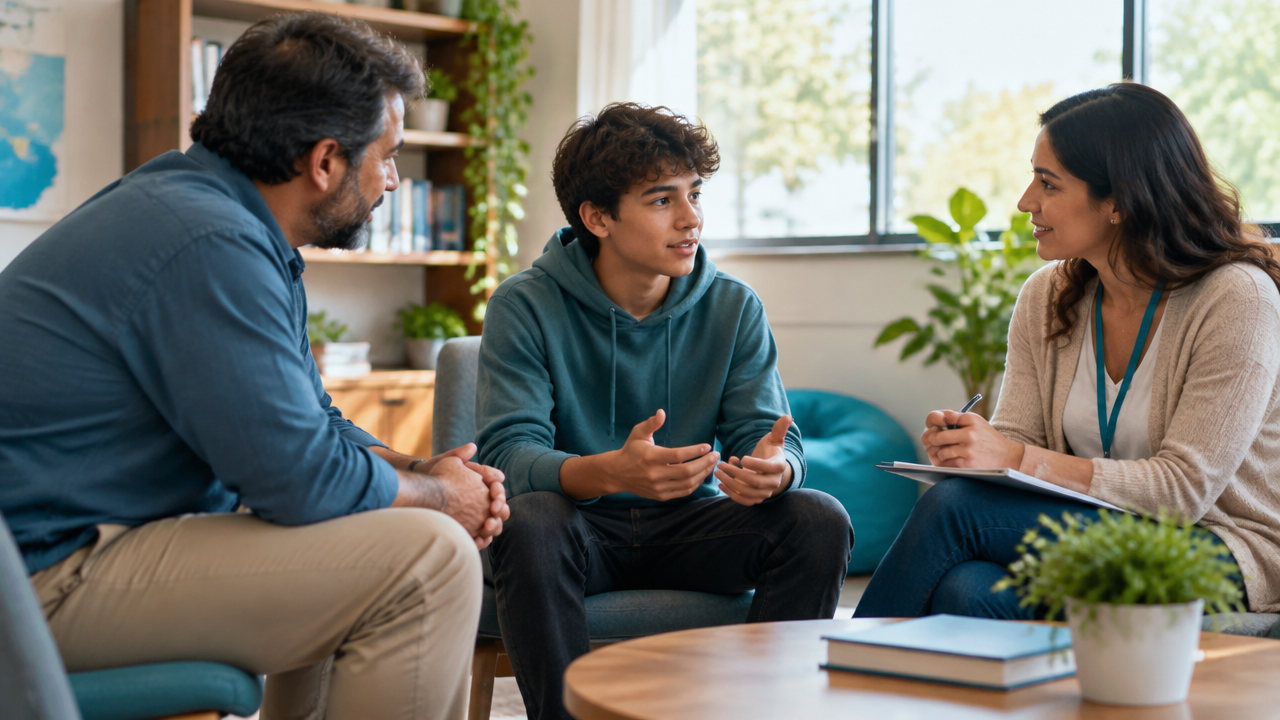 Jovem conversa com dois adultos de confiança para organizar apoio entre família e escola