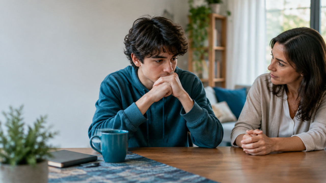 Jovem conversa com uma pessoa adulta de confiança em um ambiente tranquilo, com escuta atenta e acolhedora