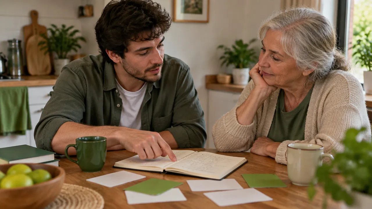 Jovem e pessoa mais velha registram valores e ideias em um caderno durante uma conversa respeitosa.