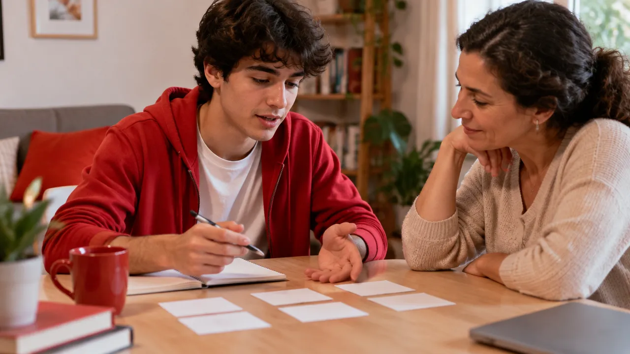 Jovem estudante organiza suas prioridades acadêmicas em uma conversa acolhedora com um familiar