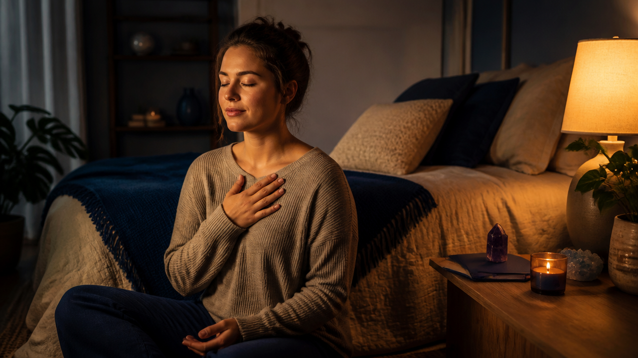 Jovem fazendo meditação noturna em quarto com iluminação suave