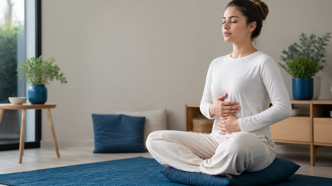 Jovem praticando respiração consciente em postura de meditação