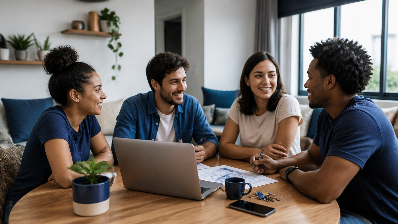 Jovens dividindo uma sala de apartamento compartilhado enquanto conversam sobre despesas e rotina da casa