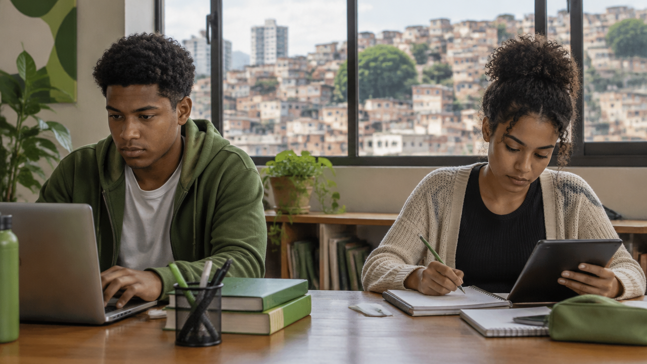 Jovens estudando com acesso desigual a recursos digitais e educacionais