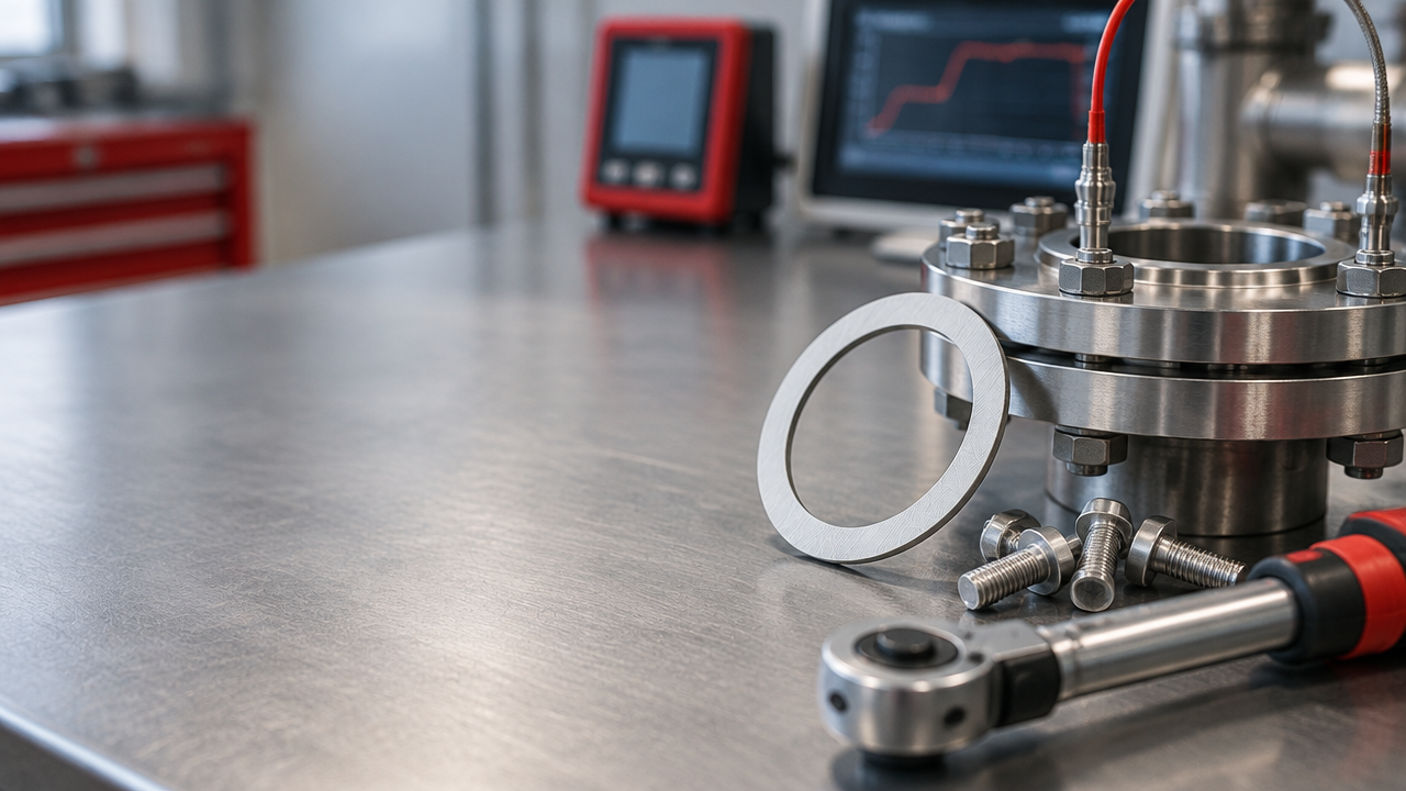 Junta industrial, flange e ferramenta de torque em bancada, representando critérios de especificação para evitar perda de aperto.