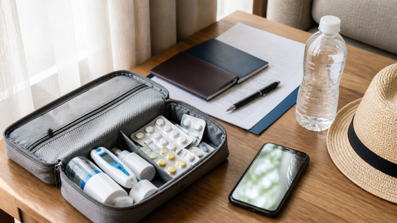 Kit de saúde de viagem com documentos, celular e medicamentos organizados em hospedagem em Orlando