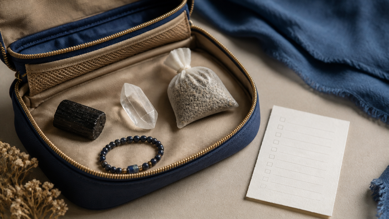 Kit discreto de amuletos e cristais organizado em nécessaire de viagem