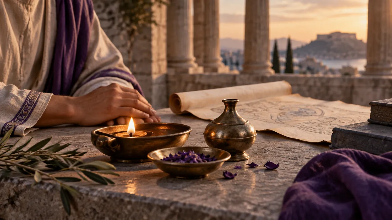 Lamparina e objetos cerimoniais em uma cena contemplativa que simboliza a busca espiritual associada à teurgia.