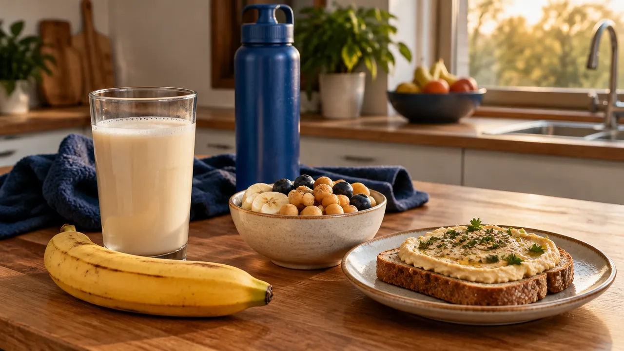Lanche vegetal com fruta, homus, pão e bebida de soja após uma corrida